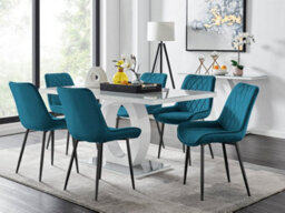 Furniturebox Giovani Rectangular 6 Seat White High Gloss Unique Halo Base Dining Table Grey Glass Top 6 Blue Velvet Black Leg Pesaro Chairs