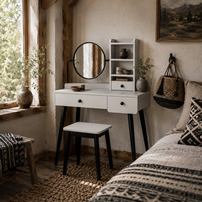 Wyld Haus Ravato Grey Dressing Table And Stool Set - Fixed Mirror, 3 Drawers And Open Shelving, L90 X D45 X H125.5Cm - image 1