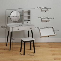 Wyld Haus Ravato Grey Dressing Table And Stool Set - Fixed Mirror, 3 Drawers And Open Shelving, L90 X D45 X H125.5Cm - thumbnail 3