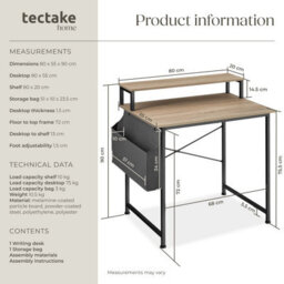 Tectake Desk - With Shelving And Fabric Storage Bag 80 Cm - Industrial Wood Light, Oak Sonoma - thumbnail 6