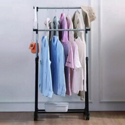 Heavy Duty Mobile Clothes Coat Garment Hanging Rail Rack Storage Stand On Wheels - Double Pole - thumbnail 6