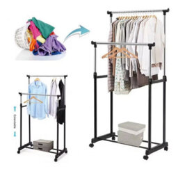 Heavy Duty Mobile Clothes Coat Garment Hanging Rail Rack Storage Stand On Wheels - Double Pole - thumbnail 3