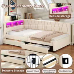 Matteo 3Ft Single Daybed With Two Storage Drawers, Led Modern Bed Frame With Charging Station, Linen Sofa Bed , 90X190Cm No Mattress - thumbnail 6