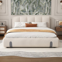 Btm 4Ft6 Double Upholstered Bed For Adults And Teens With Soft Headboard Velvet Frame Mdf Plywood White - thumbnail 3