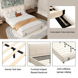 Btm 4Ft6 Double Upholstered Bed For Adults And Teens With Soft Headboard Velvet Frame Mdf Plywood White - thumbnail 6