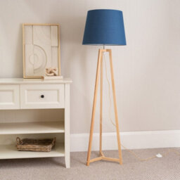 Valuelights Lottie Natural Wood Tripod Floor Lamp With Navy Blue Tapered Shade - thumbnail 3