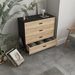 Urbnliving Height 73Cm 4 Drawer Wooden Bedroom Chest Cabinet Modern Black Carcass And Oak Drawers Wide Storage Cupboard Closet - thumbnail 3