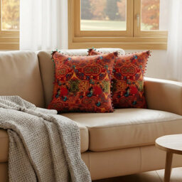 Thehotsale Orange North African Moroccan-Style Faux Linen Double-Sided Patterned Throw Pillow, 45Cm (W) X 45Cm (D) - thumbnail 1