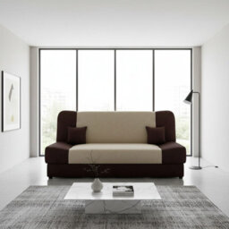 Jonas Living Room Sofa Bed With Click Clack Sleeping Surface Storage Container Wooden Frame Brown And Beige