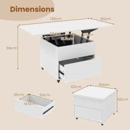 Gainoom Lift Top Coffee Table 3-In-1 Folding Center Table Modern Extendable Dining Table W/lockable Wheels - thumbnail 2