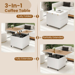 Gainoom Lift Top Coffee Table 3-In-1 Folding Center Table Modern Extendable Dining Table W/lockable Wheels - thumbnail 6