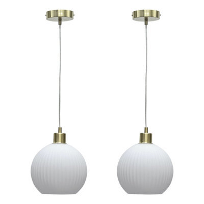 First Choice Lighting Set Of 2 Betchley - White Ribbed Glass Globe With Satin Brass Pendants - image 1