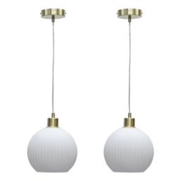 First Choice Lighting Set Of 2 Betchley - White Ribbed Glass Globe With Satin Brass Pendants - thumbnail 1