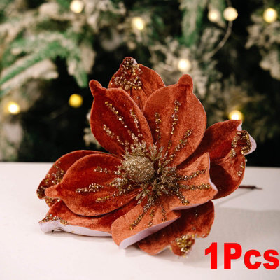 Amorly 26Cm Christmas Artificial Glitter Poinsettia Flowers, Orange Xmas Flowers Wedding Christmas Tree Decorations New Year Ornaments - image 1