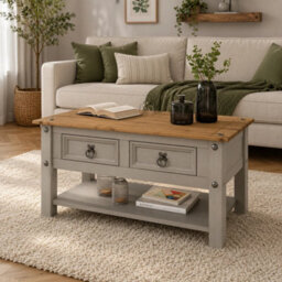 Wax Coffee Table With 2 Drawers, Solid Pine Wood Coffee Table - thumbnail 4