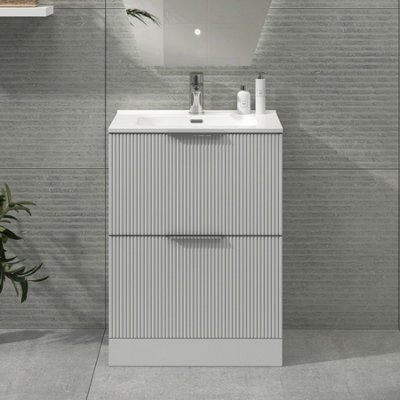 Royal Bathrooms Evora 700mm Matt White Fluted Floor Standing Bathroom Vanity Unit 2 Drawer Cabinet Storage With Ceramic Basin - image 1