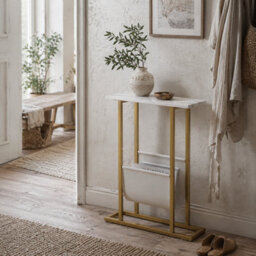 Wyld Haus Vanozi White Marble-Grain Slim Side Table With Magazine Holder, Gold-Tone Frame, Compact. - thumbnail 1