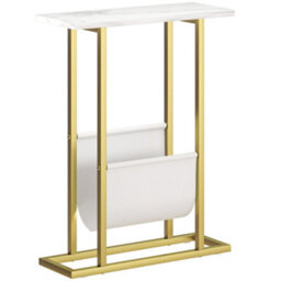 Wyld Haus Vanozi White Marble-Grain Slim Side Table With Magazine Holder, Gold-Tone Frame, Compact. - thumbnail 2