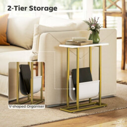 Wyld Haus Vanozi White Marble-Grain Slim Side Table With Magazine Holder, Gold-Tone Frame, Compact. - thumbnail 5