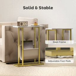 Wyld Haus Vanozi White Marble-Grain Slim Side Table With Magazine Holder, Gold-Tone Frame, Compact. - thumbnail 6