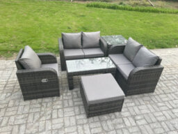 Fimous 6 Pcs Garden Furniture Set Rattan Outdoor Lounge Sofa Table Chair With Tempered Glass Table Dark Grey Mixed - thumbnail 2