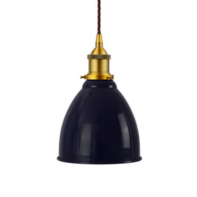 Navy Blue Classic Small Pantry Metal Painted Dome Pendant Light With Antique Gold Lamp Holder And Brown Twisted Cable - Se Home