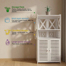 Bathroom Floor Cabinet Freestanding Waterproof Storage Unit With Cupboard Double Door And Open Shelf Multipurpose Organizer - thumbnail 3