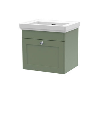 Balterley Swynnerton Traditional 1 Drawer Wall Hung Vanity Unit With Basin, Satin Green, 500mm - image 1