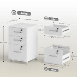 White Mobile Filing Cabinet With 3 Drawers And Wheels, Under Desk File Cabinet - thumbnail 2