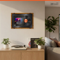 "AK Frames 25X17"" Rustic Oak Modern Vinyl Record Frame With Black Mount For 12 Inch Lp Cover & Disc - Overlapped Design" - thumbnail 5