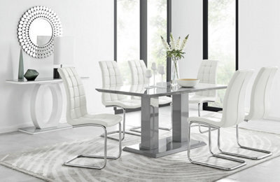 Furniturebox Imperia Grey High Gloss 6 Seater Dining Table With Structural 2 Plinth Column Legs 6 White Padded Faux Leather Murano Chairs - image 1