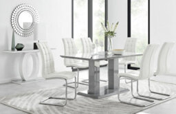 Furniturebox Imperia Grey High Gloss 6 Seater Dining Table With Structural 2 Plinth Column Legs 6 White Padded Faux Leather Murano Chairs - thumbnail 1
