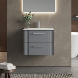 Balterley Partial Fluted 2 Drawer Wall Hung Vanity Unit With 1 Tap Hole Minimalist Basin - 600mm - Satin Grey - thumbnail 2