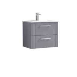 Balterley Partial Fluted 2 Drawer Wall Hung Vanity Unit With 1 Tap Hole Minimalist Basin - 600mm - Satin Grey - thumbnail 1