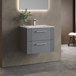 Balterley Partial Fluted 2 Drawer Wall Hung Vanity Unit With 1 Tap Hole Minimalist Basin - 600mm - Satin Grey - thumbnail 4