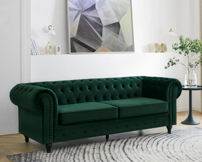 Home Detail Chesterfield Velvet Pleat Fabric 3 Seater Sofa, Green - image 1