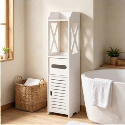 White Wooden Freestanding Toilet Roll Holder Bathroom Storage Cabinet - image 1