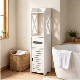 White Wooden Freestanding Toilet Roll Holder Bathroom Storage Cabinet - thumbnail 1