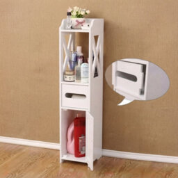 White Wooden Freestanding Toilet Roll Holder Bathroom Storage Cabinet - thumbnail 3