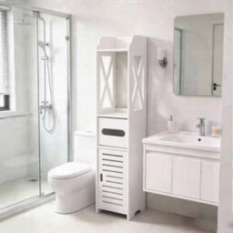 White Wooden Freestanding Toilet Roll Holder Bathroom Storage Cabinet - thumbnail 4