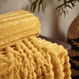 Catherine Lansfield Cosy Ribbed Faux Fur Blanket Throw Mustard - thumbnail 2