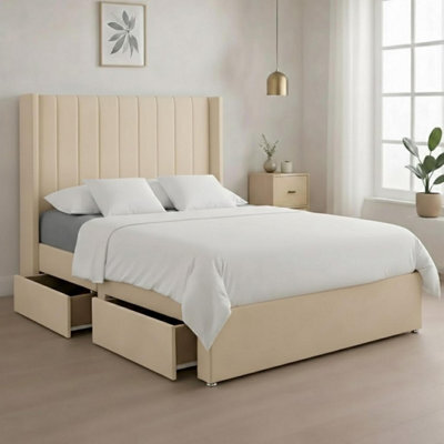 Luxury Cream Plush Milan Double Bed Frame With Mattress 54 Inches Wingback Headboard 2 Footend Storage Drawers - image 1