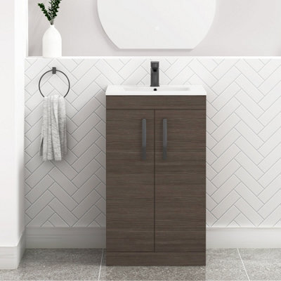 Royal Bathrooms Turin Grey Elm 500mm Floor Standing Vanity Unit 2 Door With Minimalist Basin Sink & Matt Black Handles - image 1