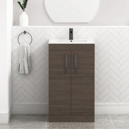 Royal Bathrooms Turin Grey Elm 500mm Floor Standing Vanity Unit 2 Door With Minimalist Basin Sink & Matt Black Handles - thumbnail 1
