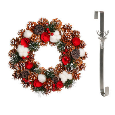 Dibor 36Cm Pinecone And Roses Front Door Christmas Wreath With Stag Wreath Hanger - image 1