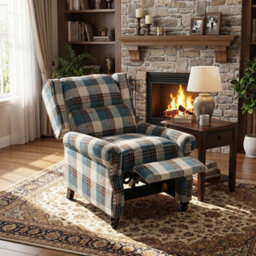 Recliner Armchair Tartan Chair Wing Back Sofa Lounge Chair Adjustable Footrest - thumbnail 6