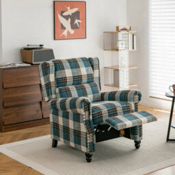 Recliner Armchair Tartan Chair Wing Back Sofa Lounge Chair Adjustable Footrest - thumbnail 3