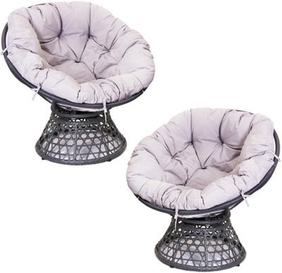 Sh&g Rattan Swivel Chair 2 Seat Set - 360 Papasan Moon Chairs - Grey Rattan With Grey Cushions - Indoor & Outdoor - image 1
