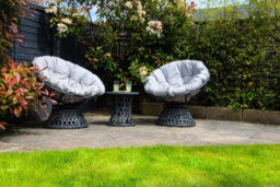 Sh&g Rattan Swivel Chair 2 Seat Set - 360 Papasan Moon Chairs - Grey Rattan With Grey Cushions - Indoor & Outdoor - thumbnail 3
