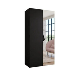 Arte Sandi Ii Hinged Door Wardrobe 100Cm - Black Modern Mirrored Wardrobe With Rail And Shelf - thumbnail 2